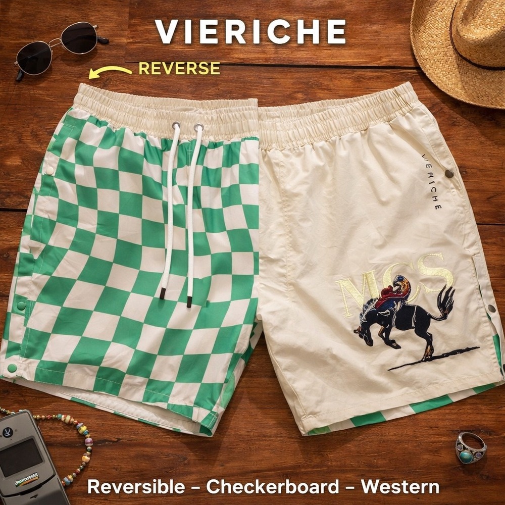 Vieriche Reversible Swim Trunks Shorts‎ Mens XL Tan Checkered MCS Streetwear